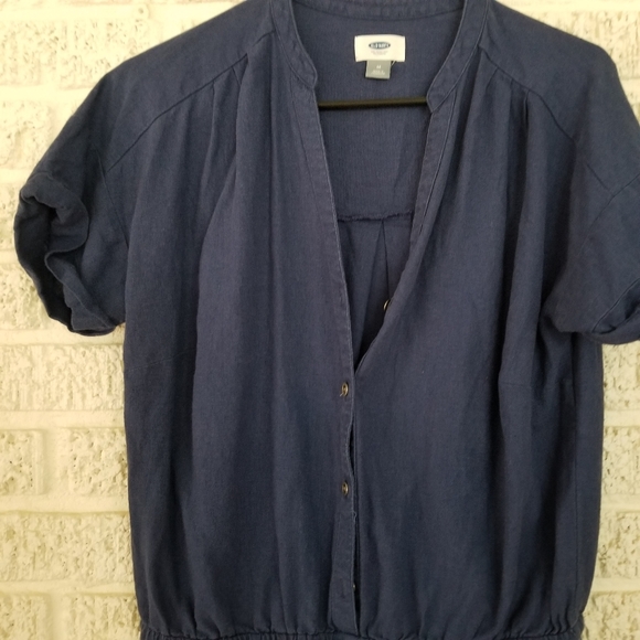 Old Navy Blue Linen Button Front Drawstring Romper - Picture 3 of 5